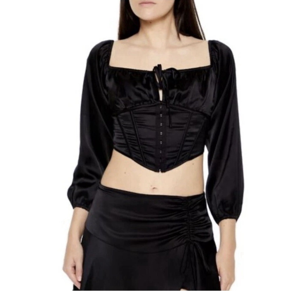 Forever 21 Black Long Sleeve Satin Cropped Corset Top Whimsigoth Shirt Med Y2K